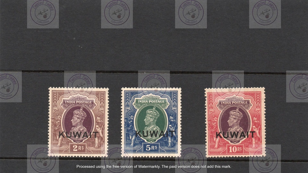[SA 016] KUWAIT - 1939 2r, 5r, and 10r overprints on India (King George VI), SG 48/50, never hinged mint. (3)