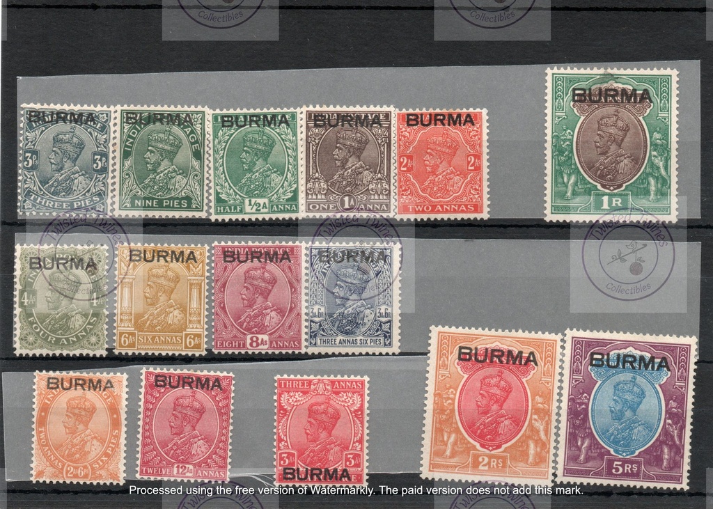 [SA 026] BURMA - 1937 Stamps of India to 5r, set complete,  overprinted, SG 1/15, fine and fresh mint. (15)