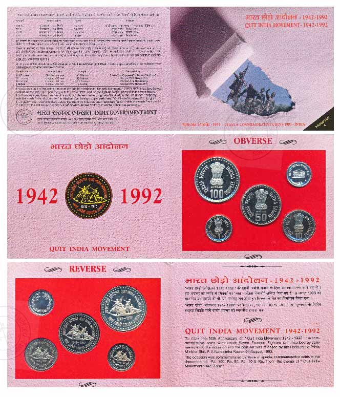 [PC 172] 1992 Quit India Movement Golden Jubilee Proof Set – Government of India Commemorative Coin Collection