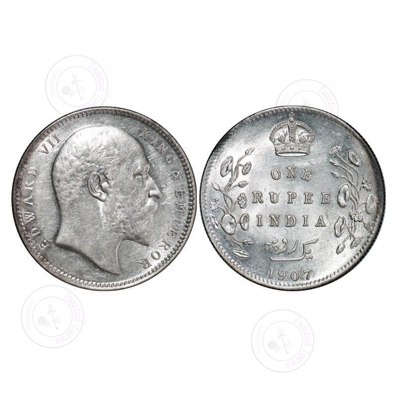 [AC 002] Edward VII, Silver, Rupee, 1907, Calcutta Mint, No mint mark. GK 942. Uncirculated. Scarce.