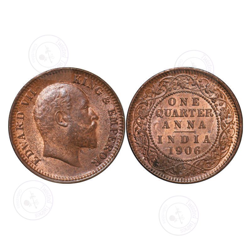 [AC 003] Edward VII, Copper, Quarter Anna, 1906, (6.42g), Calcutta Mint, No mint mark, Ghost on Rev. GK 997. Uncirculated. Scarce.
