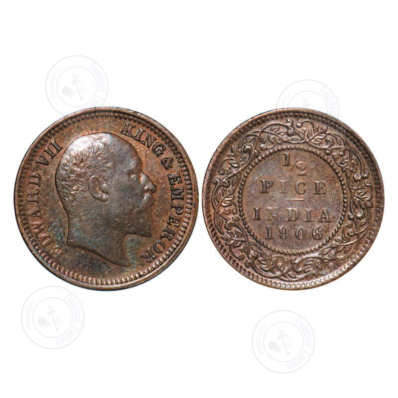 [AC 004] Edward VII, Copper, 1/2 Pice, 1906, (3.12g), Calcutta Mint, No mint mark. GK 1006. About Uncirculated, Cleaned. Scarce.