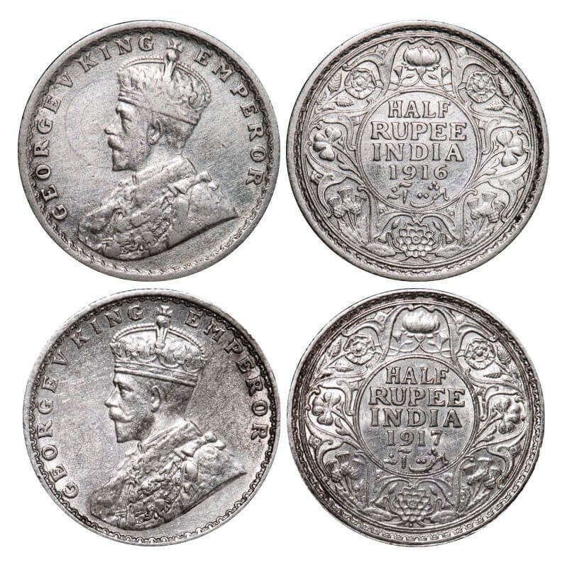 [AC 005-006] George V, Silver, Half Rupee, (2 coins), 1) 1916, Calcutta Mint, No dot, 2) 1917, Bombay Mint, Dot. GK 1053, 1055. Almost Uncirculated to Very Fine+. Scarce.