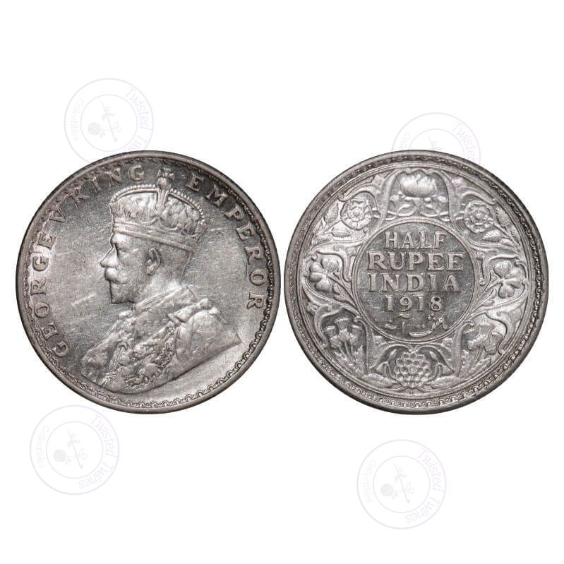 [AC 007] George V, Silver, Half Rupee, 1918, Bombay Mint, Dot. GK 1056. About Uncirculated. Scarce.