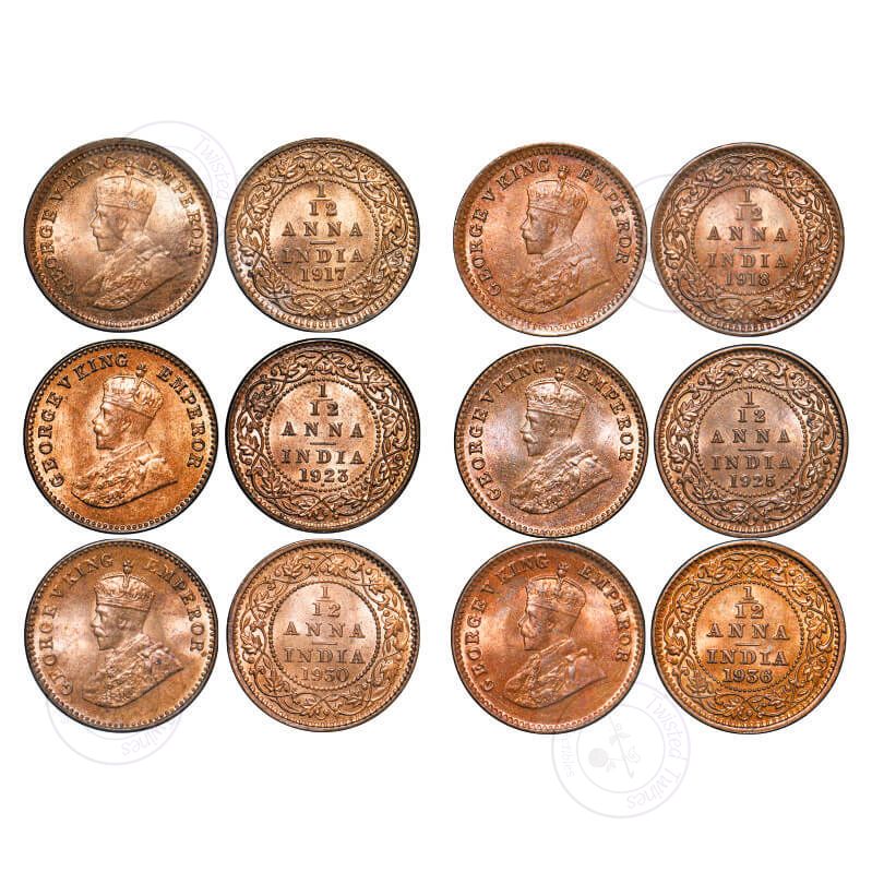 [AC 011-016] George V, Bronze, 1/12 Anna, (Lot of 6 coins), 1) 1917, Calcutta Mint, No dot, 2) 1918, Calcutta Mint, No dot, 3) 1923, Bombay Mint, Dot, 4) 1924, Calcutta mint, No dot, 5) 1930, Calcutta Mint, No dot, 6) 1936, Calcutta Mint, No dot. GK 1228, 1229, 1233, 1236, 1246, 1253. Uncirculated, Scarce as a lot.