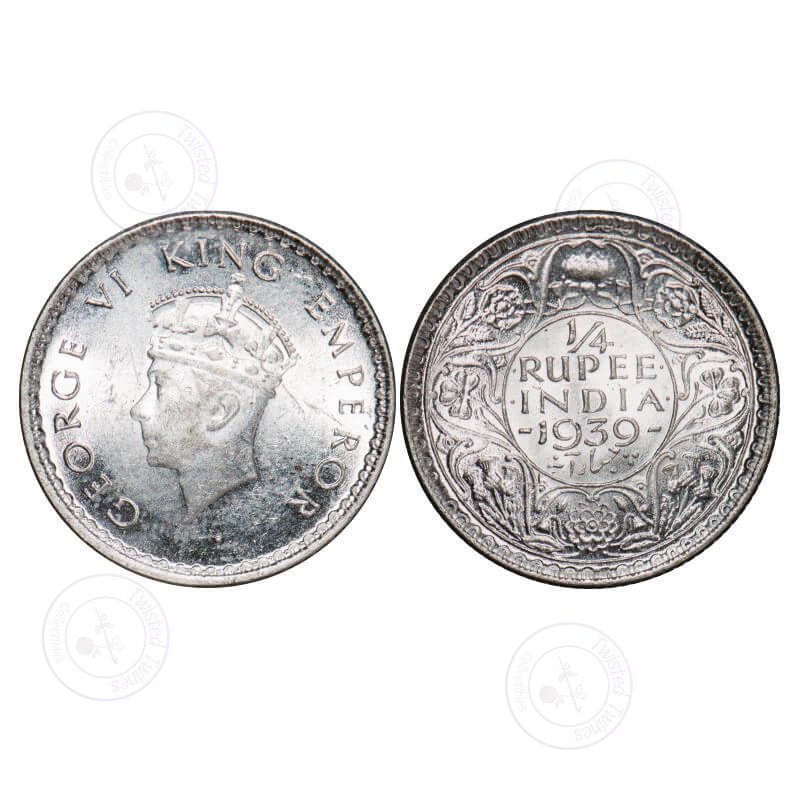 [AC 018] George VI, Silver, 1/4 Rupee, 1939, Calcutta Mint, Head Type I, Rev I, No dot, Milled edge, A tiny diamond shape mark on Rev. GK 1325. Mint State. Very Scarce.