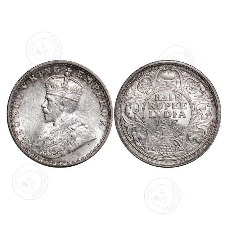 [AC 024] George V, Silver, Half Rupee, 1917, Bombay Mint, Dot. GK 1055. Uncirculated with original mint luster. Scarce.