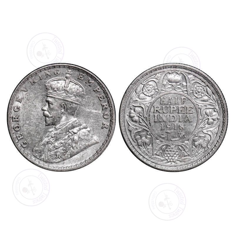 [AC 025] George V, Silver, Half Rupee, 1918, Bombay Mint, Dot. GK 1056. Almost Uncirculated with original mint luster. Scarce.