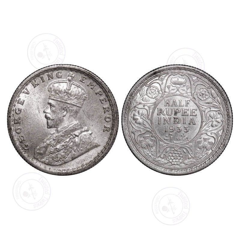 [AC 026] George V, Silver, Half Rupee, 1933, Calcutta Mint, No dot. GK 1073. Uncirculated. Scarce.