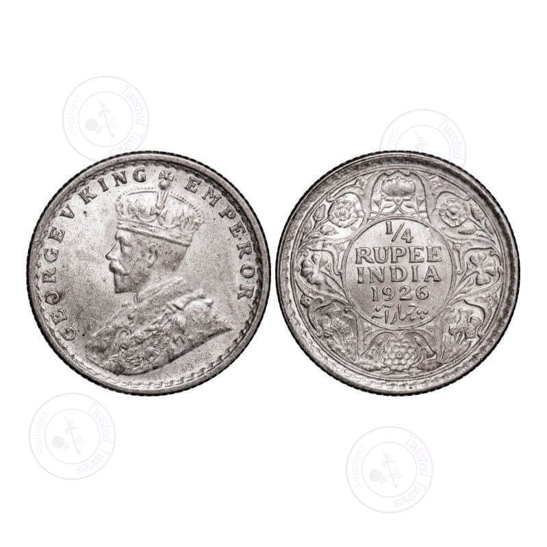 [AC 027] George V, Silver, 1/4 Rupee, 1926, Calcutta Mint, No dot, Ghost on Rev. GK 1094. Uncirculated. Scarce.