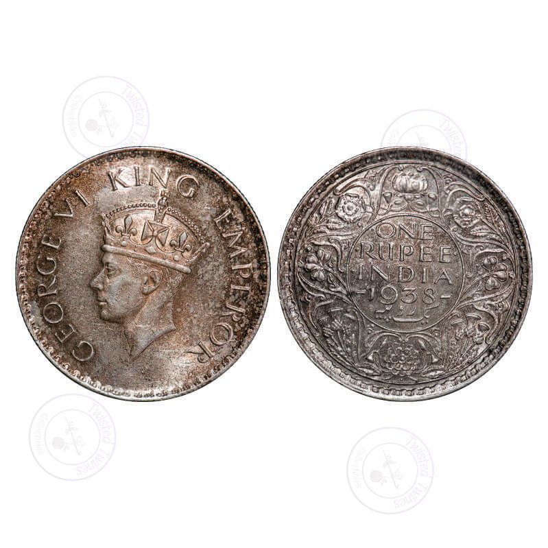 [AC 028] George VI, Silver, Rupee, 1938, Bombay Mint, A/I, Dot, Milled edge. GK 1255. Brilliant Uncirculated, Toned. Rare