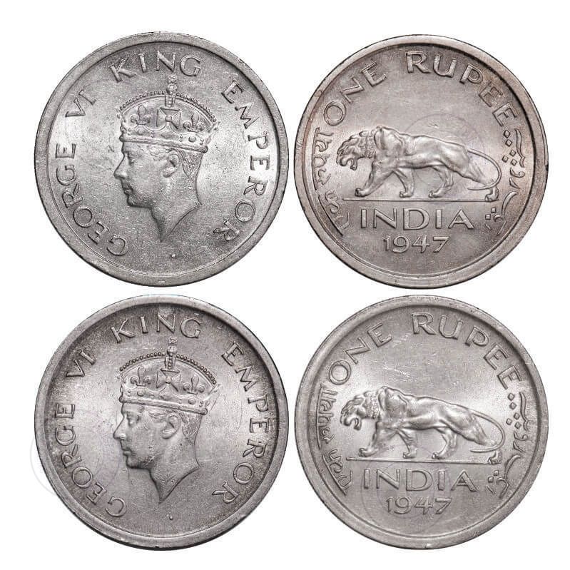 [AC 029-030] George VI, Nickel, Rupee, (2 coins), 1947, Lahore Mint, E/IV, No mint mark, Security edge. GK 1293. Extremely Fine+ to Almost Uncirculated. Scarce.