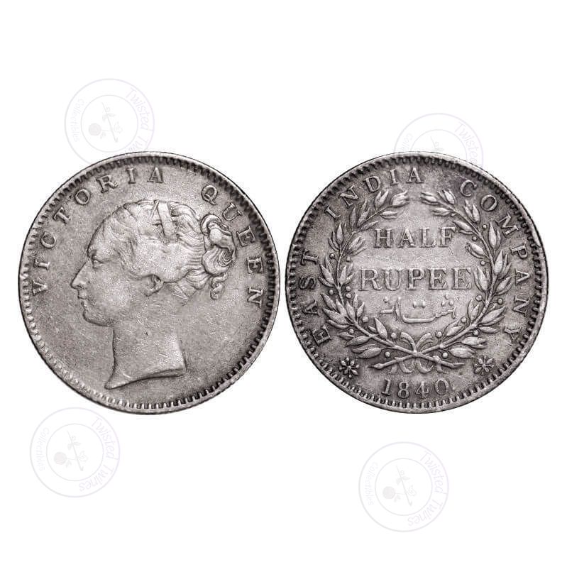 [AC 031] Victoria Queen, Silver, Half Rupee, 1840, CL, Bombay Mint, A/I, Wreath with 19 Berries (9L + 10R), Two leaves above 'F' of Half. GK 123. Fine+. Scarce.