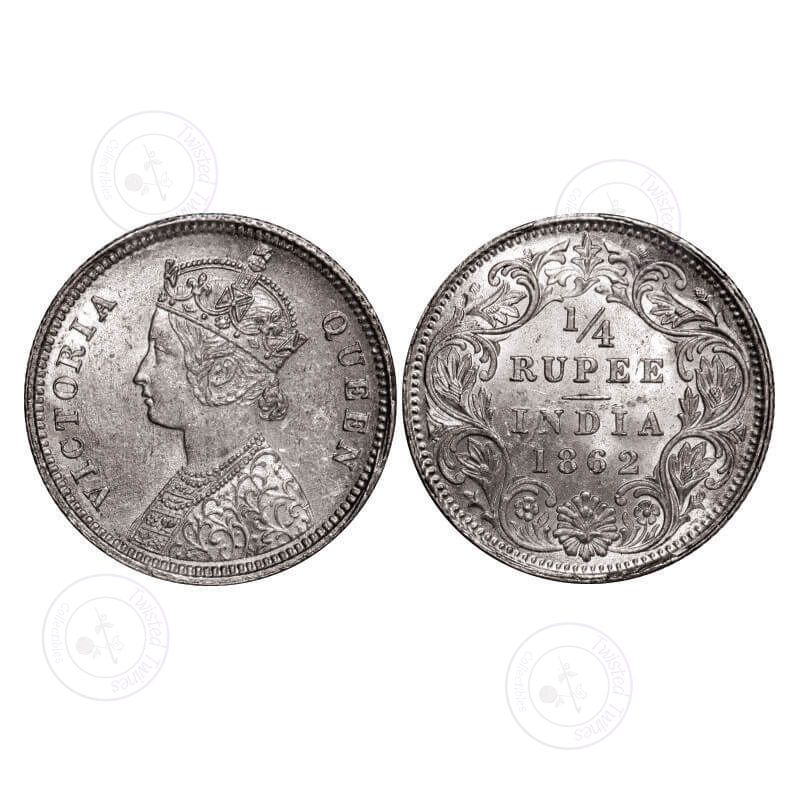 [AC 032] Victoria Queen, Silver, 1/4 Rupee, 1862, Calcutta Mint, A/I, Small 'V' inverted in the center of the base line of the bust. GK 375. Uncirculated. Very Scarce.