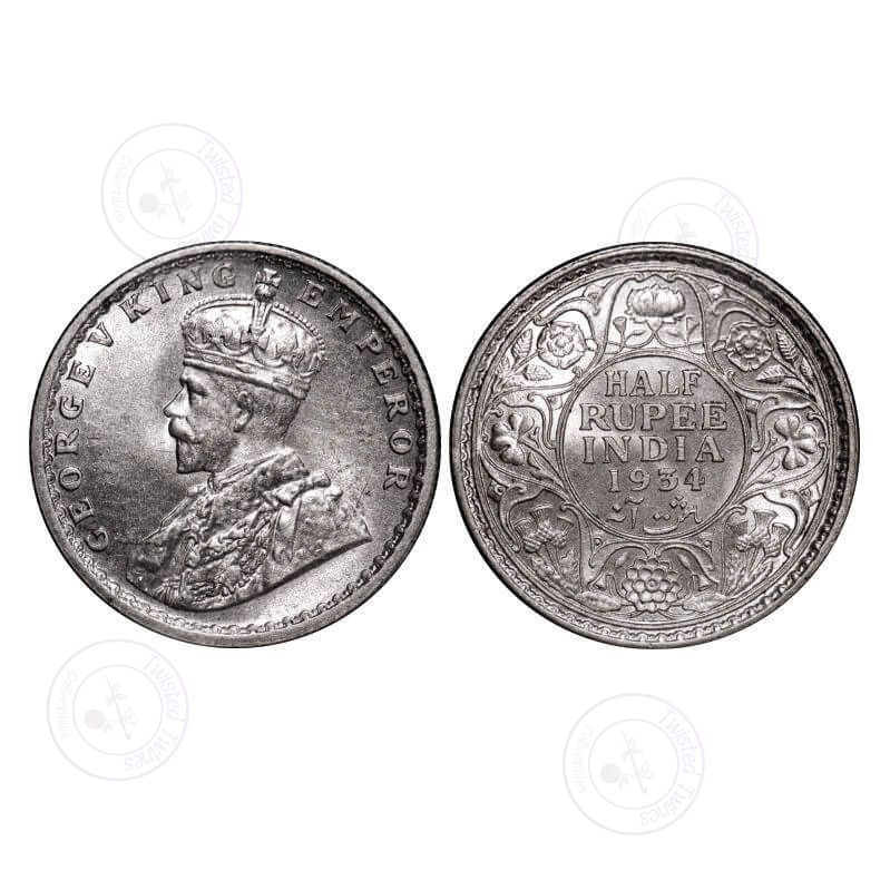[AC 033] George V, Silver, Half Rupee, 1934, Calcutta Mint, No dot. GK 1074. Uncirculated. Scarce