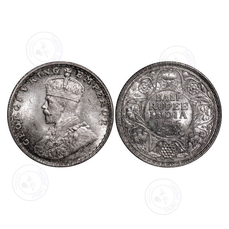 [AC 034] George V, Silver, Half Rupee, 1936, Bombay Mint, Dot. GK 1076. Uncirculated. Scarce.