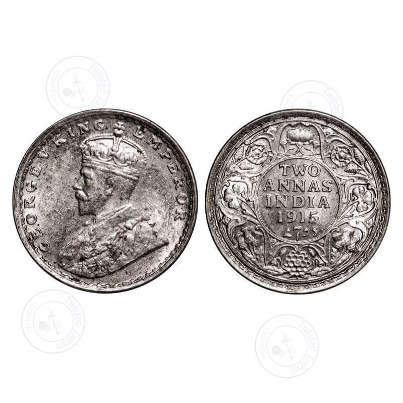 [AC 035] George V, Silver, 2 Annas, 1915, Bombay Mint, Dot, Ghost on Rev, Die doubling of alphabet's on Obv, Die crack on Rev. GK 1115. Almost Uncirculated. Very Scarce.