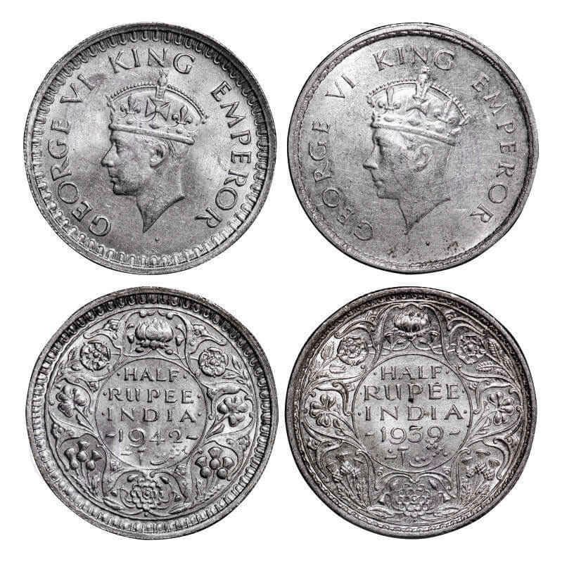 George VI, Mix Metal, Half Rupee, (2 coins), Bombay Mint, with tiny Diamond shape mark either on obv or rev, 1) 1939, Head Type I, A/I, Dot, Milled edge, 2) Head Type II, B/II, Dot, Security edge. GK 1295, 1304. About Uncirculated to Almost Uncirculated. Scarce