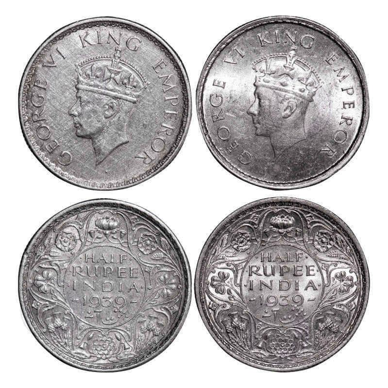 George VI, Silver, Half Rupee, (2 coins), 1939, Bombay mint, A/I, Head Type I, Milled edge, Calcutta Mint, A(a)/I, No dot, Head Type II, Milled edge. GK 1295, 1298. Extremely Fine to Brilliant Uncirculated. Very Scarce.