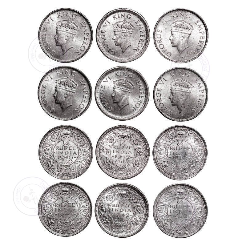 George VI, Half Silver, Quarter Rupee, (lot of 6 coins), 1940 (4), Bombay Mint, Head Type II, Rev I, Dot, Milled edge, 1942 (2), Calcutta Mint, Head Type II, Rev II, No dot, Milled edge. GK 1327 (4), 1329 (2). Almost Uncirculated to Uncirculated. Scarce as a lot