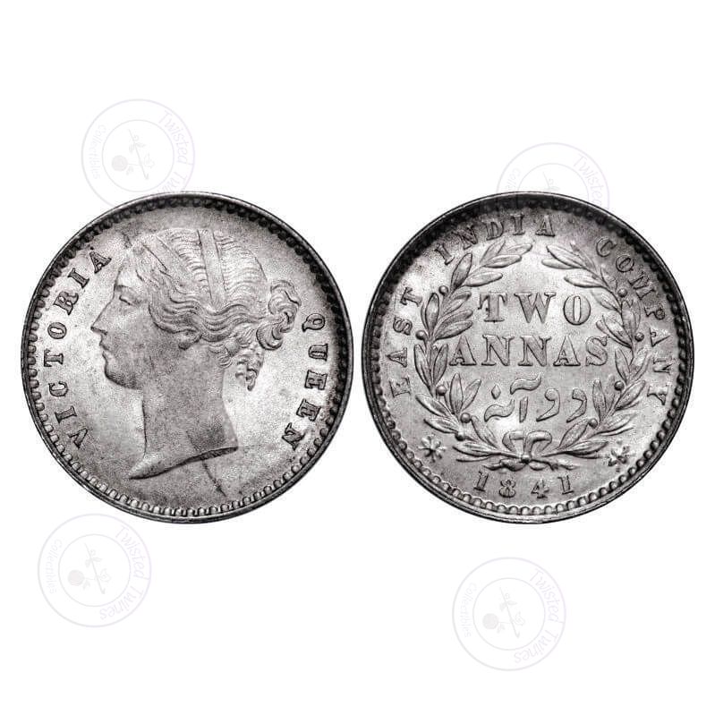 [AC 046] Victoria Queen, Silver, 2 Annas,1841, DL, Calcutta Mint, W.W. raised, Wreath with 9 Berries (5L + 4R). GK 216. Uncirculated, Toned. Very Scarce.
