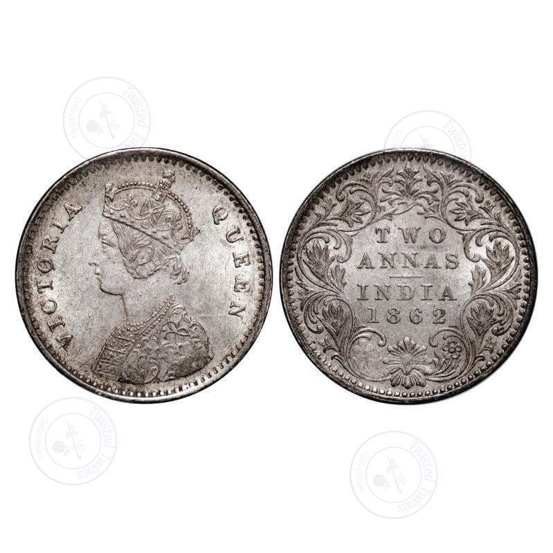 [AC 048] Victoria Queen, Silver, 2 Annas, 1862, Bombay Mint, A/I, Bottom flower top 3 petals same size. GK 382. Almost Uncirculated, Toned. Scarce.