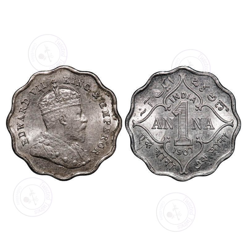 [AC 049] Edward VII, Copper-Nickel, 1 Anna,1907, Bombay Mint,'B' incused, Die crack on Rev. GK 990. About Uncirculated, Details. Scarce.