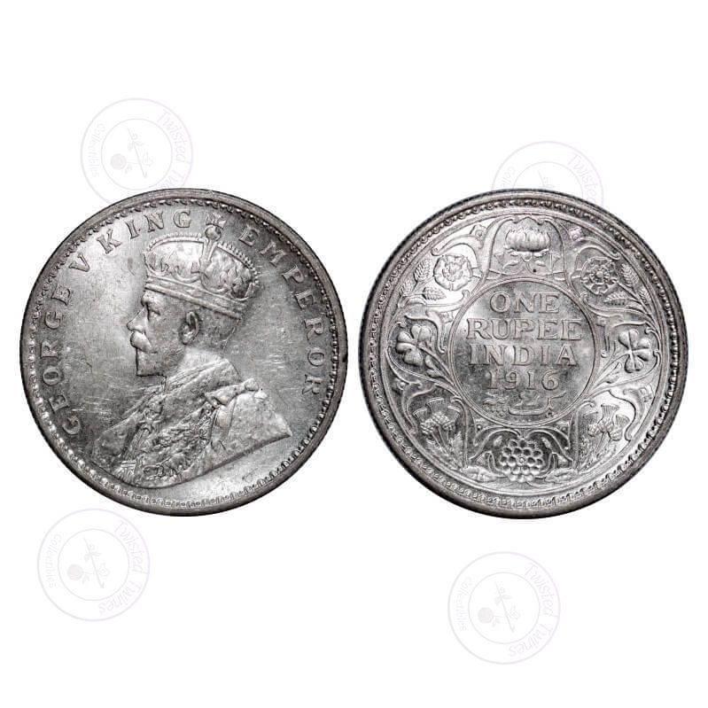 [AC 051] George V, Silver, Rupee, 1916, Calcutta Mint, No dot. GK 1033. Brilliant Uncirculated. Scarce.