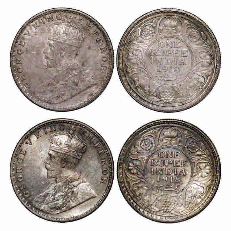 [AC 054-055] George V, Silver, Rupee, (2 coins), 1918, 1) Calcutta Mint, No dot, 2) Bombay Mint, Dot. GK 1037, 1038. Uncirculated to Brilliant Uncirculated, Rainbow Toned. Scarce.