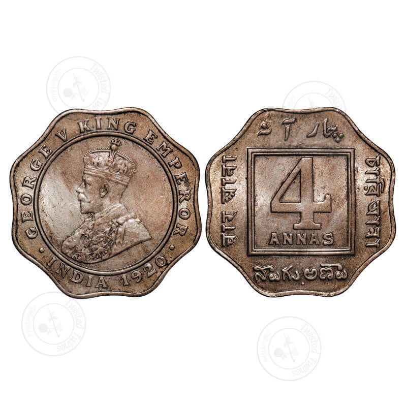 [AC 058] George V, Copper-Nickel, 4 Annas, 1920, Calcutta Mint, No dot. GK 1103. About Uncirculated. Scarce.