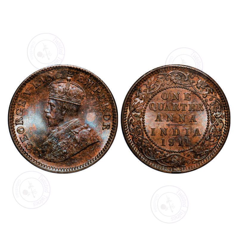 [AC 059] George V, Bronze, Quarter Anna, 1911, Calcutta Mint, No dot, Pig-type, Error, Cud error on Rev bottom rim edge. GK 1171. Brilliant Uncirculated, Rainbow Toned. Very Rare.