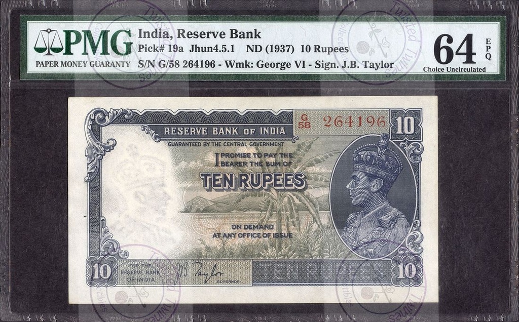 [AN 029] 10 Rupees Bank Note of King George VI, 1938, Signed by J. B. Taylor (G Prefix), PMG 64 Choice Uncirculated EPQ
