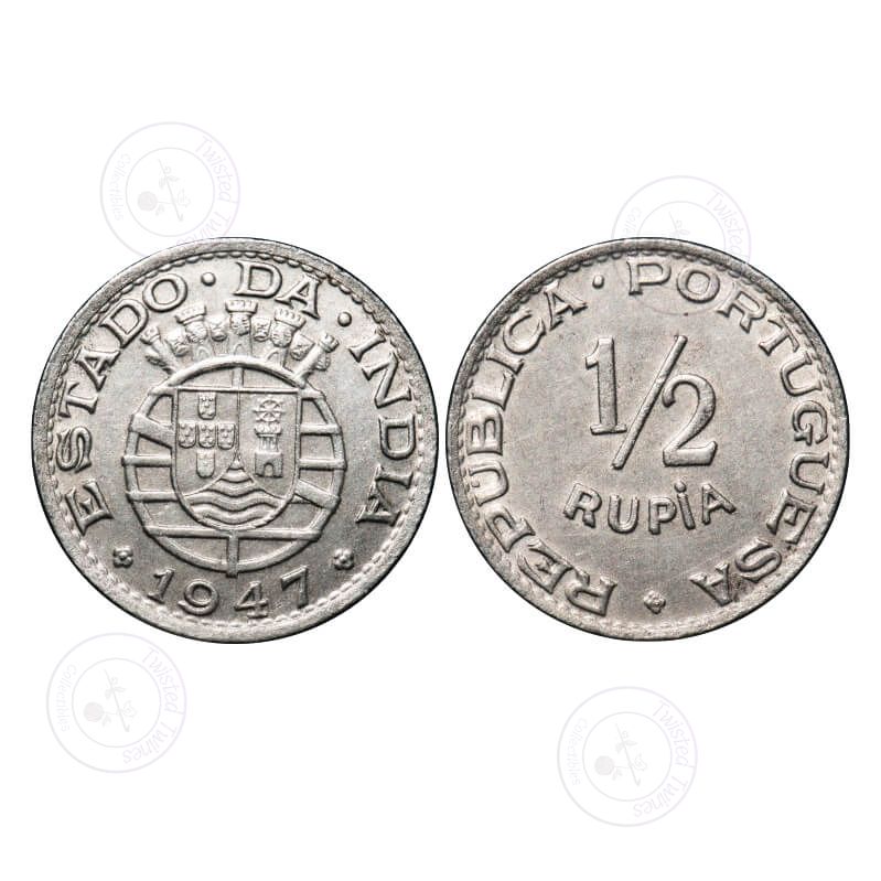 [AC 063] Indo Portuguese, Copper Nickle ½ Rupia, 5.42g, Republic (1910-1961 AD), 1947, error die doubling letter are bold. A.Gomes (page 605) 08.01 / KM 26. Almost Uncirculated, Scarce