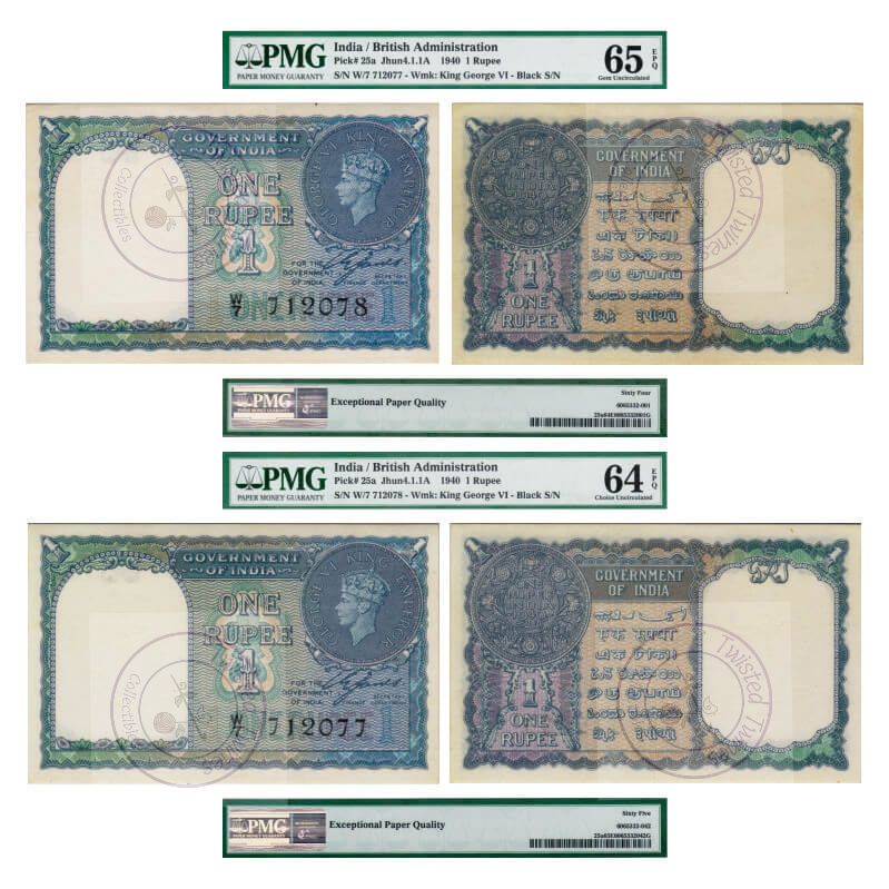 [AN 040] British India, King George VI, One Rupee, 1940 – Consecutive Serial Number Pair, PMG 65 & 64 EPQ