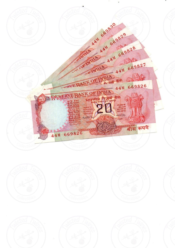 [ICN 2] 20 Rupees Dr Man Mohan Singh (Konark Wheel Issue) Set of 5 Notes (1982-85 issue)
