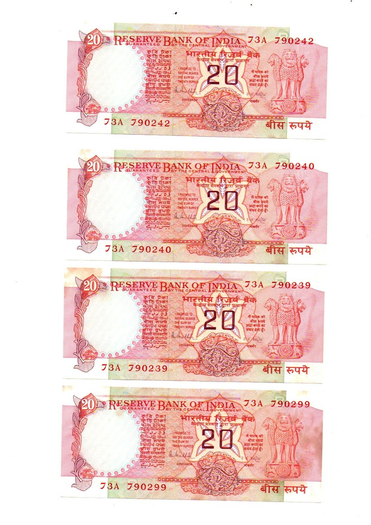 [ICN 3] 20 Rupees RN Malhotra (Konark Wheel Issue) Set of 4 Notes (1985-90 issue)