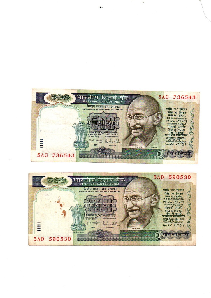 [ICN 5] ₹500 Banknote – R. N. Malhotra Signature (Green Gandhi Issue) 2 Notes