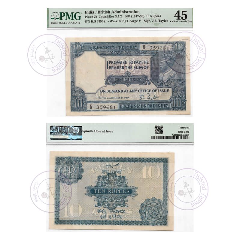 [AN 042] British India, King George V, 10 Rupees, 1926, Signed by J. B. Taylor, PMG 45 Choice Extremely Fine