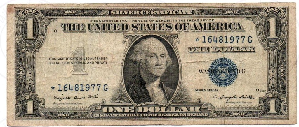 [FCN 03] USA Silver Certificate – $1 Star Note – Series 1935G Serial Number: *16481977G (Star Note)