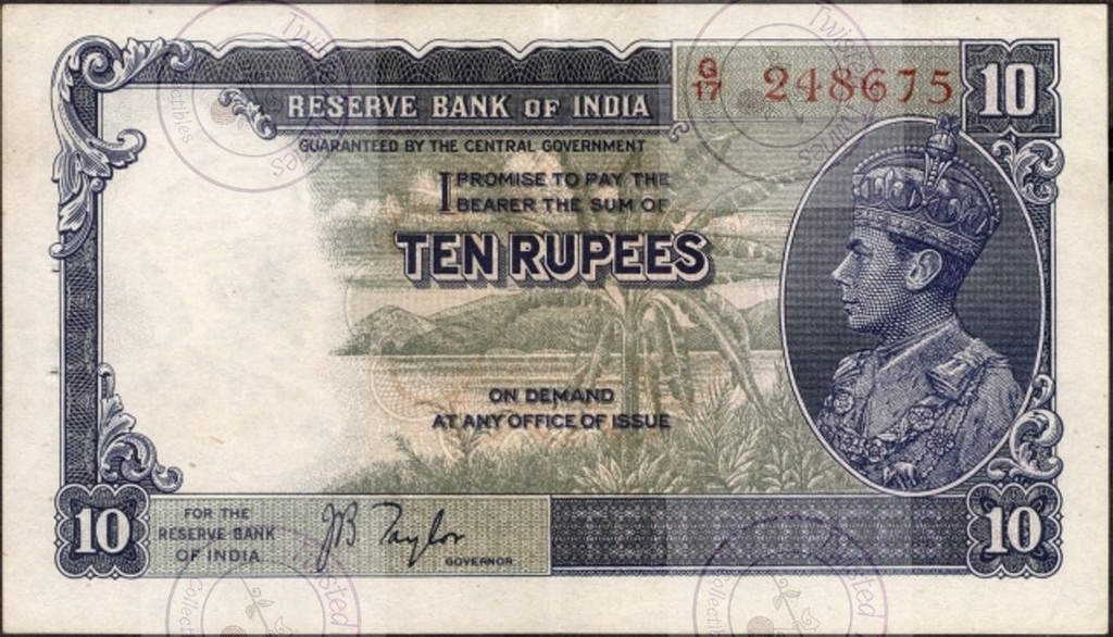 [An 034] Ten Rupees Bank Note of King George VI, 1938, Signed by J. B. Taylor