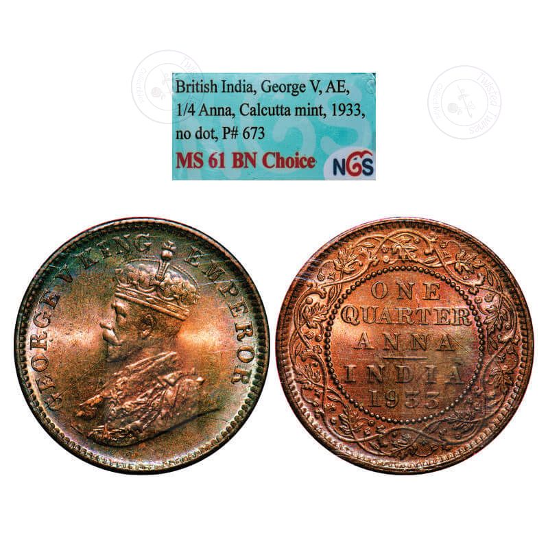 1933 George V Quarter Anna – Calcutta Mint (No Dot) | NGS MS 61 BN Choice