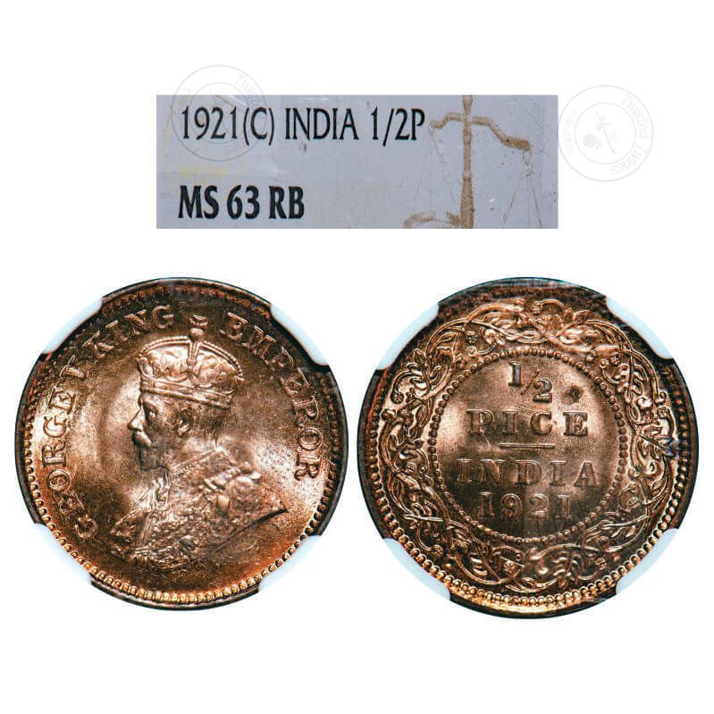 1921 George V ½ Pice – Calcutta Mint (No Mint Mark) | NGC MS 63 RB