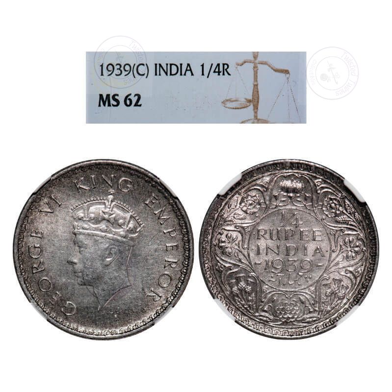 [GC 70] 1939 George VI ¼ Rupee – Calcutta Mint (No Dot) | Head Type I, Reverse I | NGC MS 62