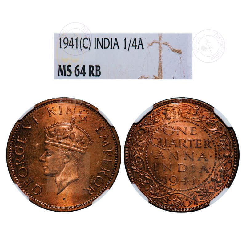 [GC 71] 1941 George VI Quarter Anna – Calcutta Mint (No Dot) | Head Type II | NGC MS 64 RB