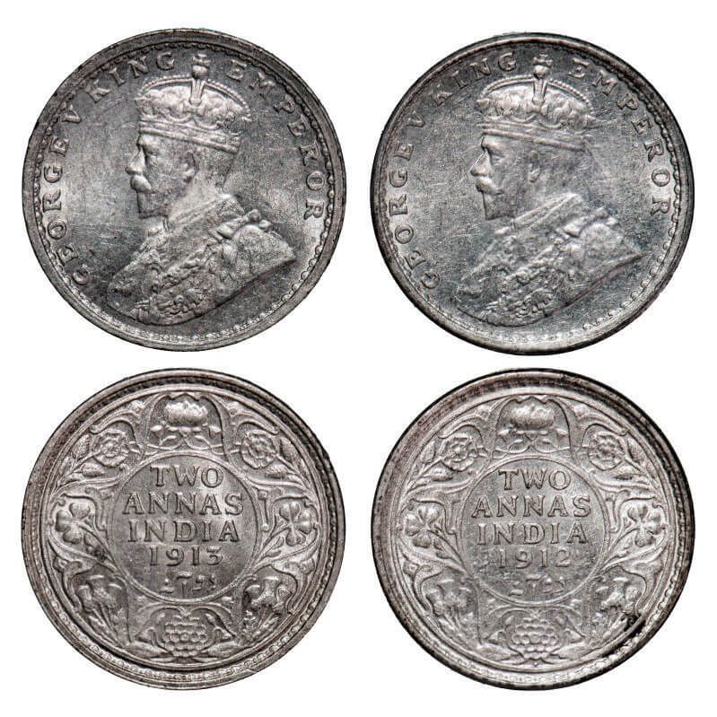 [AC 73-74] George V, Silver, 2 Annas, (2 coins), 1912, 1913, Bombay Mint, Dot. GK 1109, 1111, F. Prid 571, 572. Uncirculated. Very Scarce.