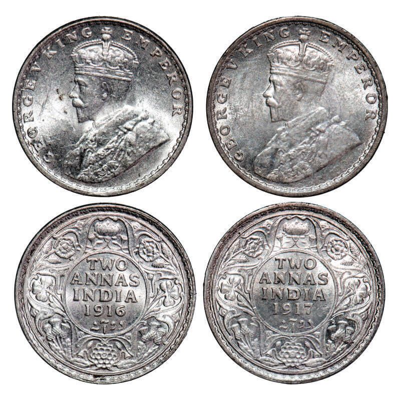 [AC 75-76] George V, Silver, 2 Annas, (2 coins), 1916, 1917, Calcutta Mint, No dot. GK 1116, 1117, F. Prid 569, 570. Uncirculated to Brilliant Uncirculated. Scarce.
