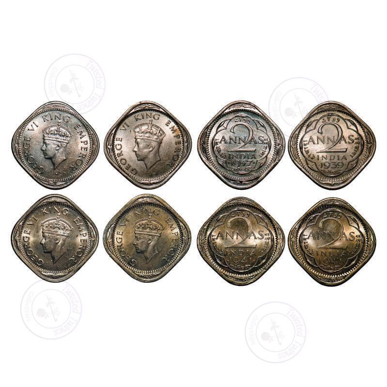 [AC 80-83] George VI, Copper-Nickel, 2 Annas, (4 coins), 1) 1939, Bombay Mint, Head Type I, Dots by year, 2) 3) 1941, Calcutta Mint, Head Type II, No dots by year, 4) 1947, Bombay Mint, Head Type II, Dots by year, Large dots by year, Tiny Diamond shaped mark either on Obv or Rev in all coins except 1941. GK 1348, 1355, 1357, 1375. Uncirculated to Brilliant Uncirculated. scarce as a lot.