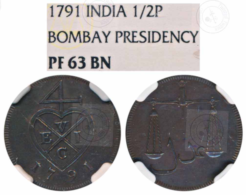 [GC 11] Bombay Presidency Copper Proof ½ Pice (2 Reas), 1791 – NGC PF 63 Brown