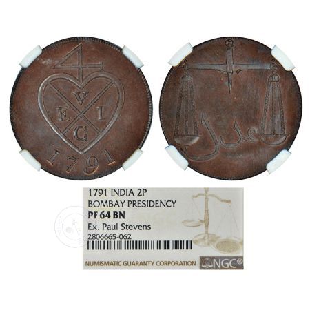 [GC 83] Bombay Presidency, Soho Mint Copper Proof 2 Pice, 1791 – NGC PF 64 BN