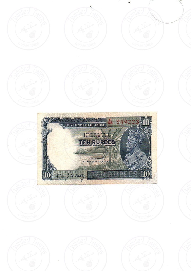 British India King George V Rs10 Banknote (1935 Issue) – J.W. Kelly Signature, Professionally Repaired at corner